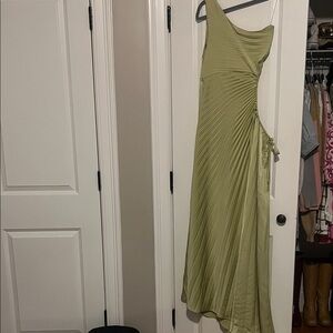 Hello Molly One Shoulder Pleated Dress in Olive